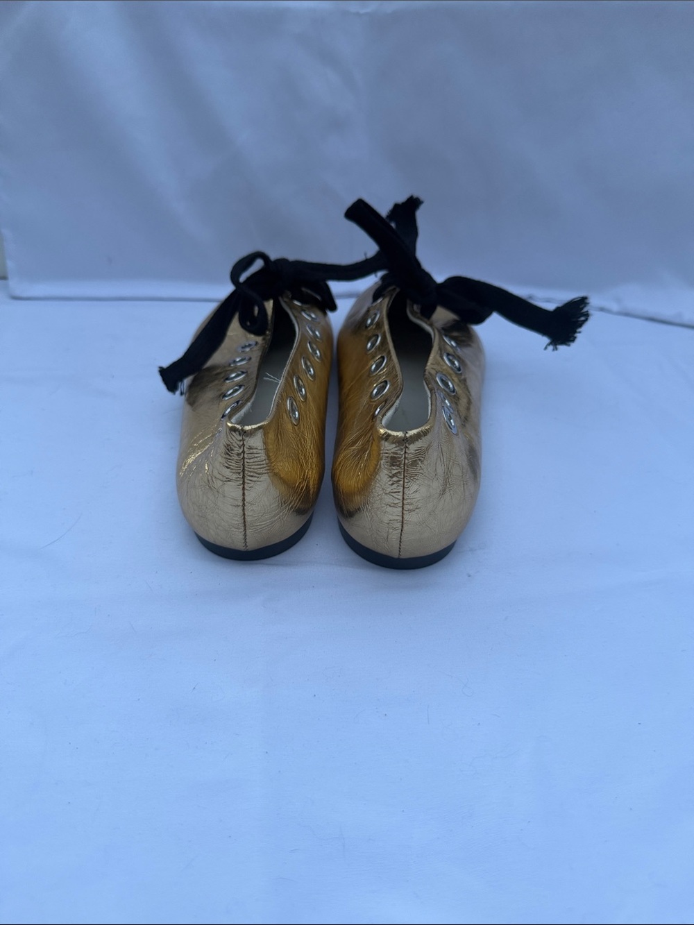 Metallic Gold Pointed Lace-Up Women’s Flats with Black Laces - Picture 4 of 4